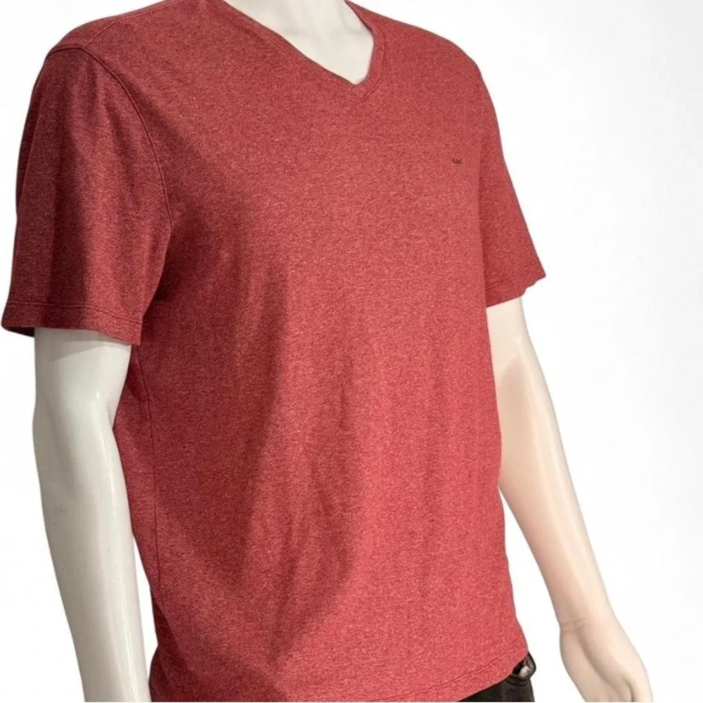 Michael Kors Mens V-Neck T-Shirt Heather Red Marl Short Sleeve Cotton Logo Large - Picture 2 of 5